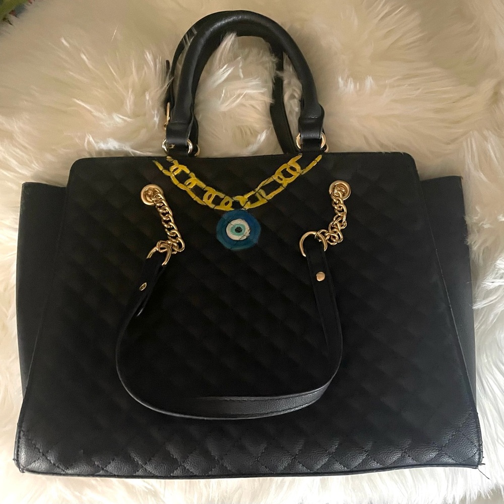 Black Quilted Tote Bag with Gold Accents
